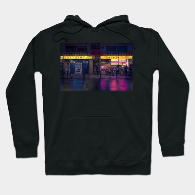 Cyberpunk rain night Yellow and Purple neon sign light reflection Hoodie by TokyoLuv